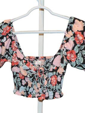 Collective Floral Puff Sleeve Crop Top - Black with Pink & Red Flowers